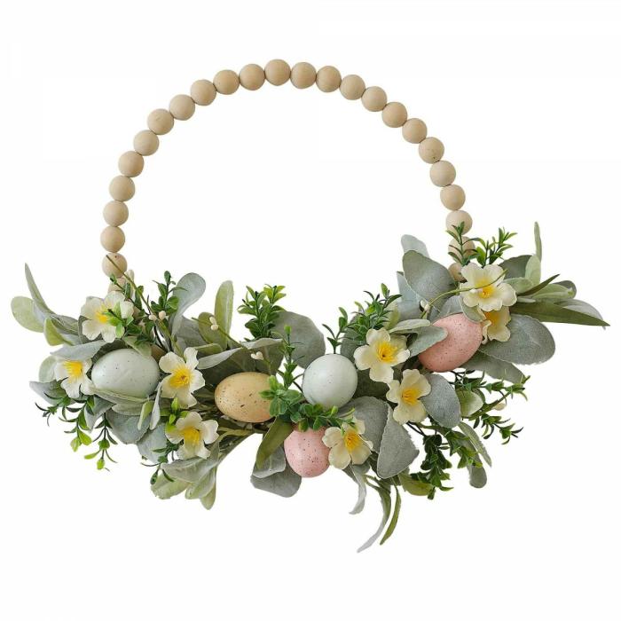 Door Decorations | Easter Egg Hop Hop Hooray Wooden Bead & Foliage Wreath Door Decoration 40Cm X 40Cm X 1Cm Ceiling & Wall Deco Door Decorations