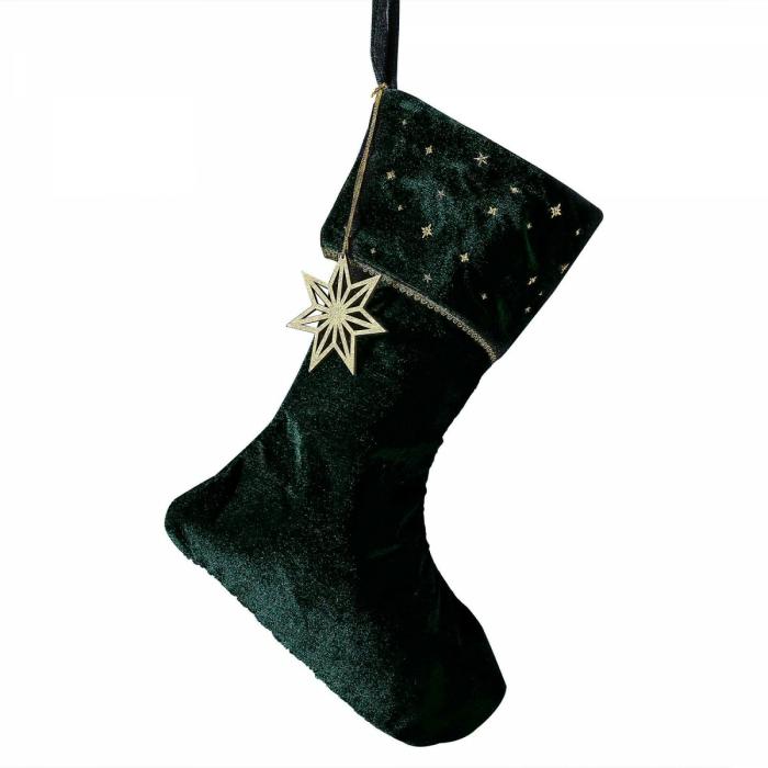 Hanging Decorations | Christmas Green Velvet Luxe Embroidered Stocking Hanging Decoration 42Cm X 25Cm Ceiling & Wall Deco Green