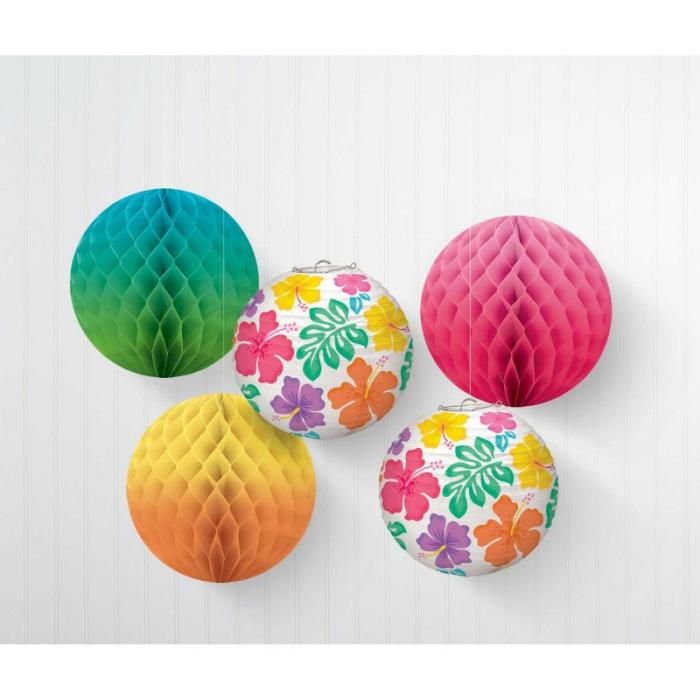 Lanterns | Hawaiian Luau Summer Hibiscus Honeycomb Lanterns 5 Pk Ceiling & Wall Deco Lanterns