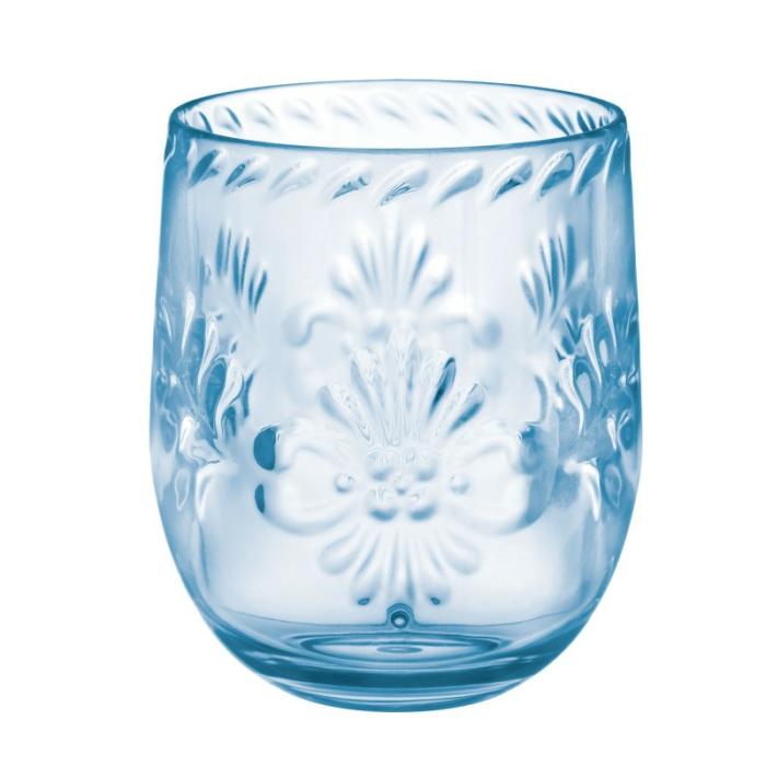 Plastic Glasses | Boho Vibes Blue Floral Debossed Finish Stemless Wine Glass 414Ml Cups Glasses Drink Acc Blue