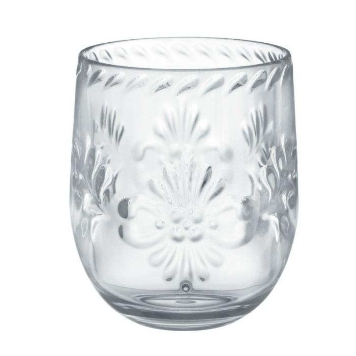 Plastic Glasses | Boho Vibes Clear Floral Debossed Finish Stemless Wine Glass 414Ml Cups Glasses Drink Acc Clear