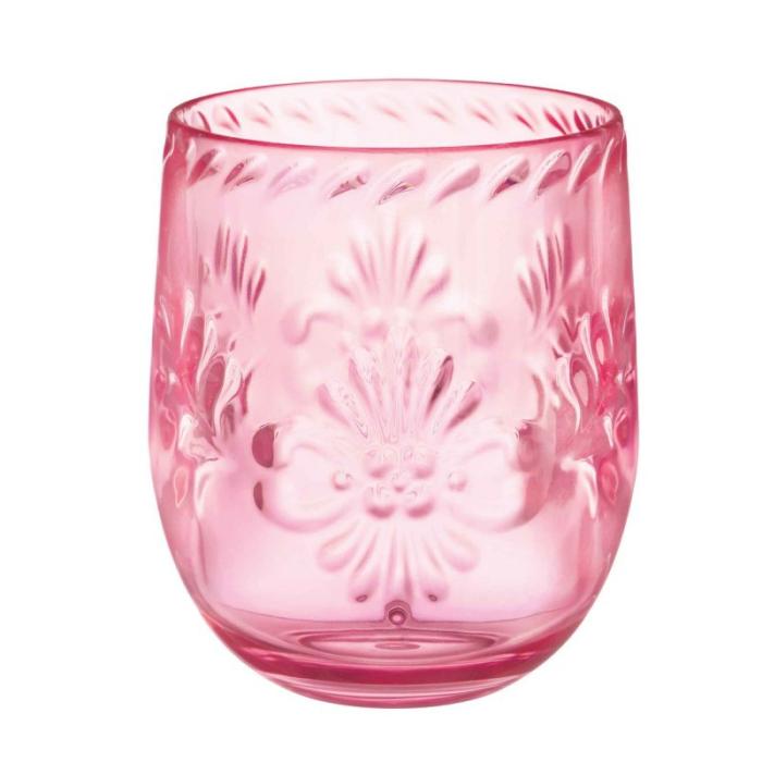 Plastic Glasses | Boho Vibes Pink Floral Debossed Finish Stemless Wine Glass 414Ml Cups Glasses Drink Acc Pink