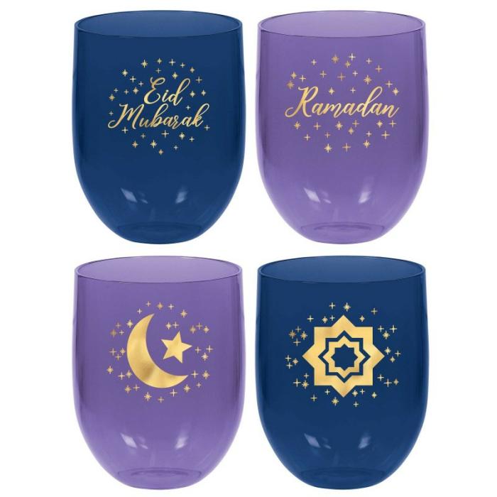 Plastic Glasses | Moon & Stars Eid Stemless Glasses 449Ml 4 Pk Cups Glasses Drink Acc Plastic Glasses