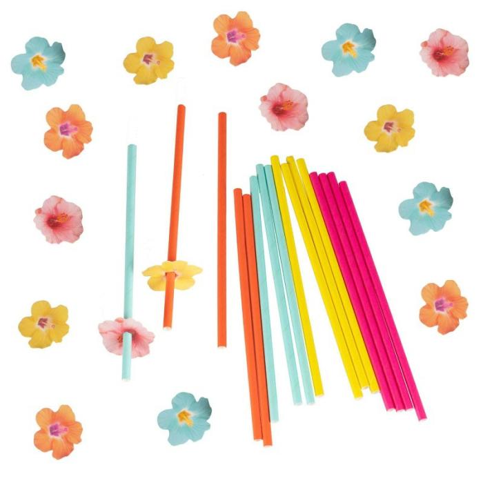 Straws | Hawaiian Luau Tiki Tropics Hibiscus Flower Straws 16 Pk Cups Glasses Drink Acc Straws