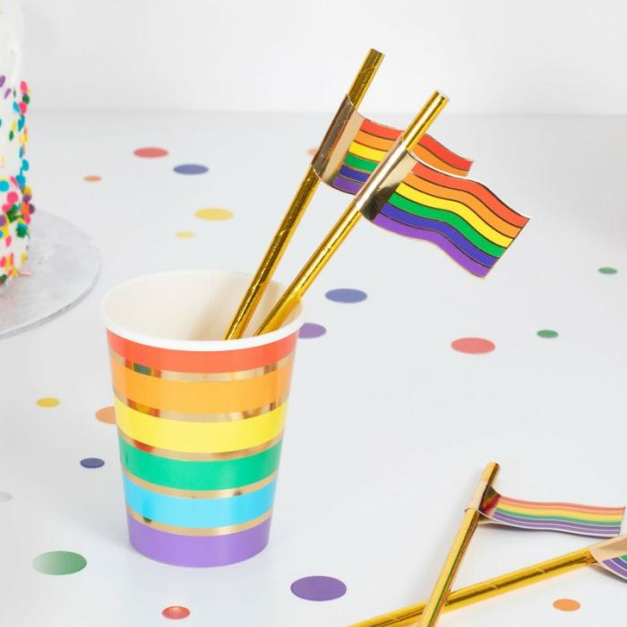 Straws | Rainbow Gold Foiled Flag Straws 4 Pk Cups Glasses Drink Acc Rainbow