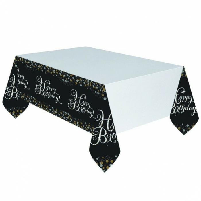 Plastic Table Covers | Black, Gold & Silver Happy Birthday Sparkling Celebration Plastic Table Cover 1.37M X 2.59M Plastic Table Covers Black, Gold & Silver