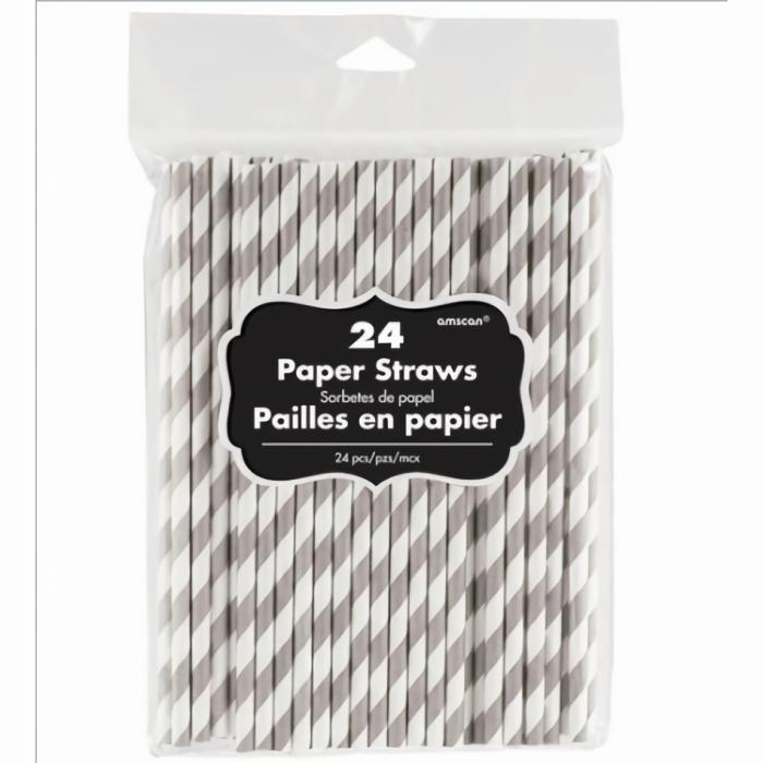 Straws | Stripes Silver & White Straws 19Cm 24 Pk Cups Glasses Drink Acc Silver & White